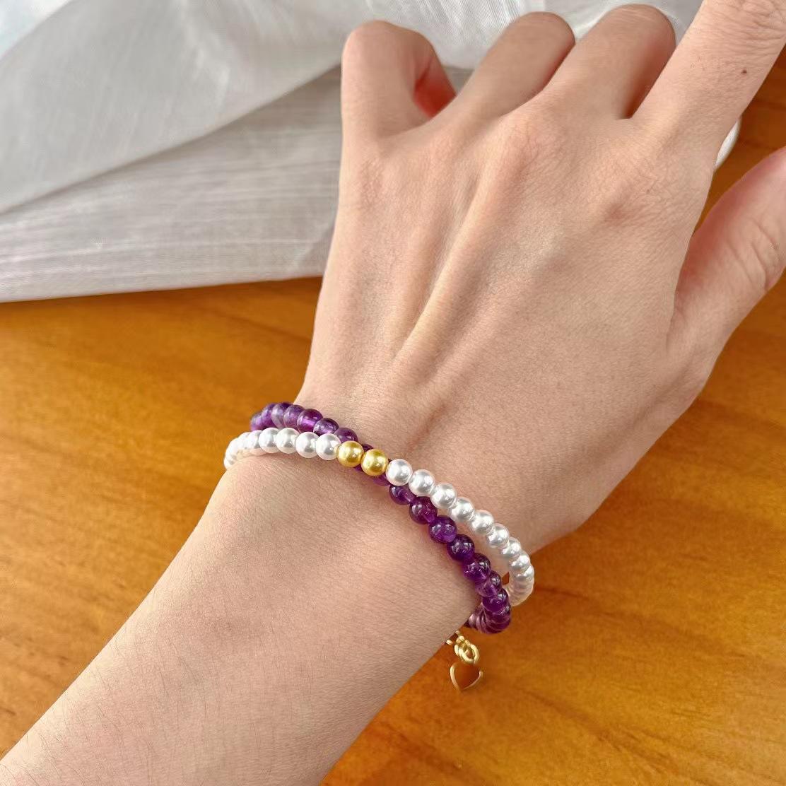 Retro High-Quality Natural Amethyst High-Gloss Artificial Pearl Double-Layer Bracelet Bracelet.