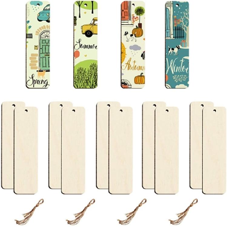 Set Of 10 Unfinished Wood Bookmarks with String Handmade Wood Bookmarks Supplies for Kid Adult Art Craft Project