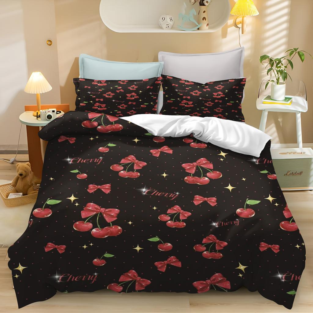 Cherry Flowers Quilt Duvet Cartoon Cover Queen Size Comforter Bedding Sets King Cute Printed Children Cartoon 3-Piece Set