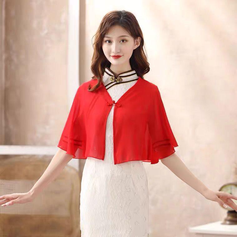 Women's Summer Chiffon Cheongsam Cardigan with Matching Skirt and Shawl – Loose, Plus Size Sunscreen Cape