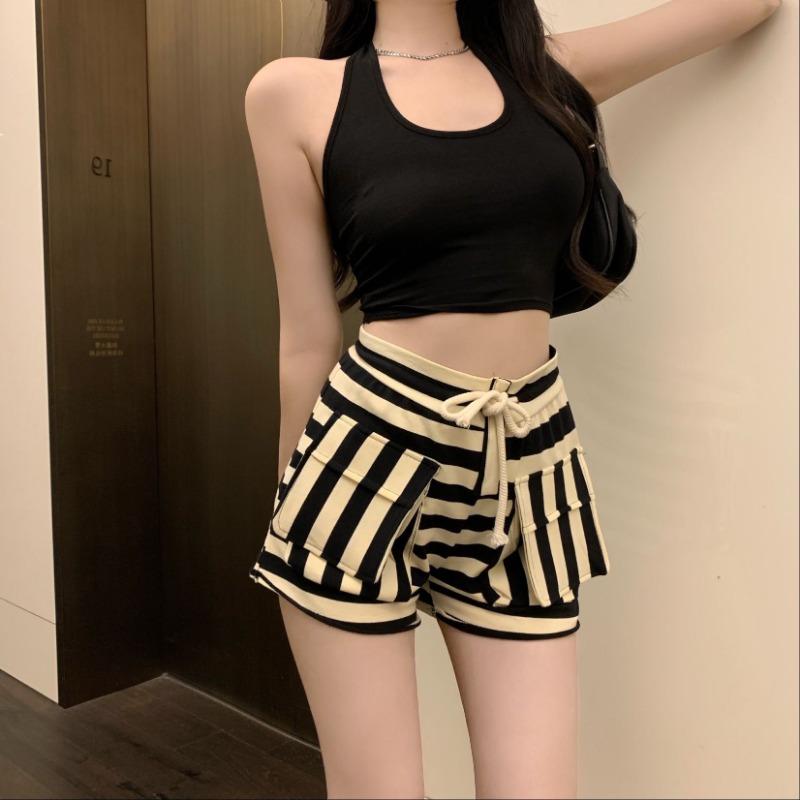 High-waisted Striped Shorts Women's Summer Elasticated Waist Baggy Wide-leg Pants Wear Slimming Sports A-line Spice Hot Pants