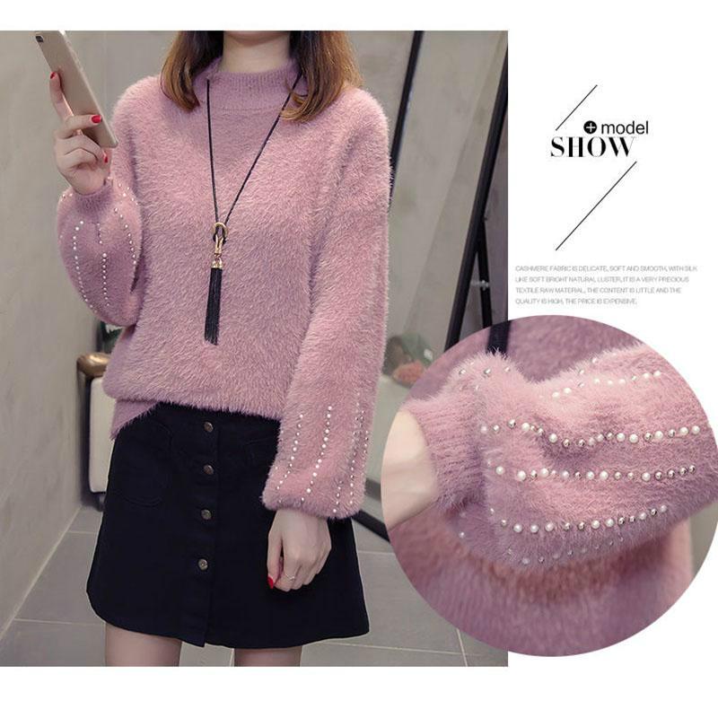 Fuzzy svetr pro ženy Svetr z imitace norkového sametu Dámský svetr s korálky Spodní část košile Korejské mohérové ​​svetry s dlouhým rukávem a dlouhým rukávem