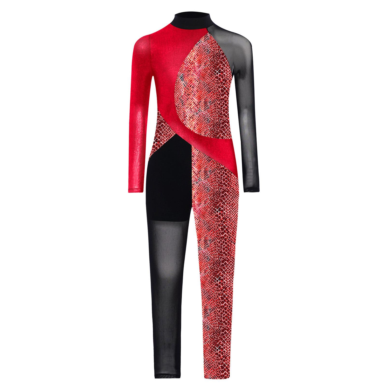 

Дівчачий асиметричний танцювальний комбінезон з коміром-стійкою, прозорими сітчастими довгими рукавами, вирізом-краплею на спині та металізованим боді зі зміїним принтом 11-12 Years червоний