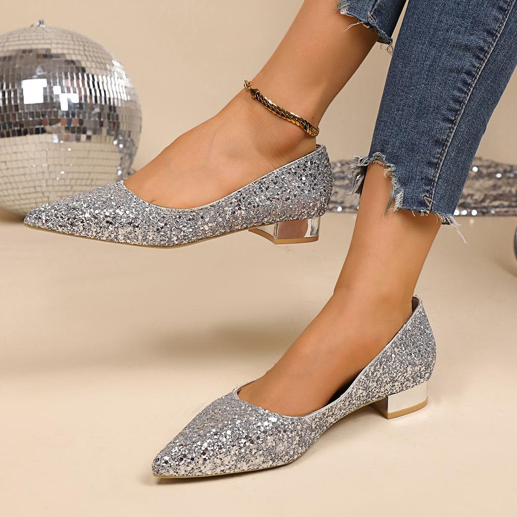 Fashion Women Pumps Pointed High Heel Crystal Wedding Shoes Low Heel Women Shoes 2025 New Style Shallow Sole Thick Heel Single Pumps