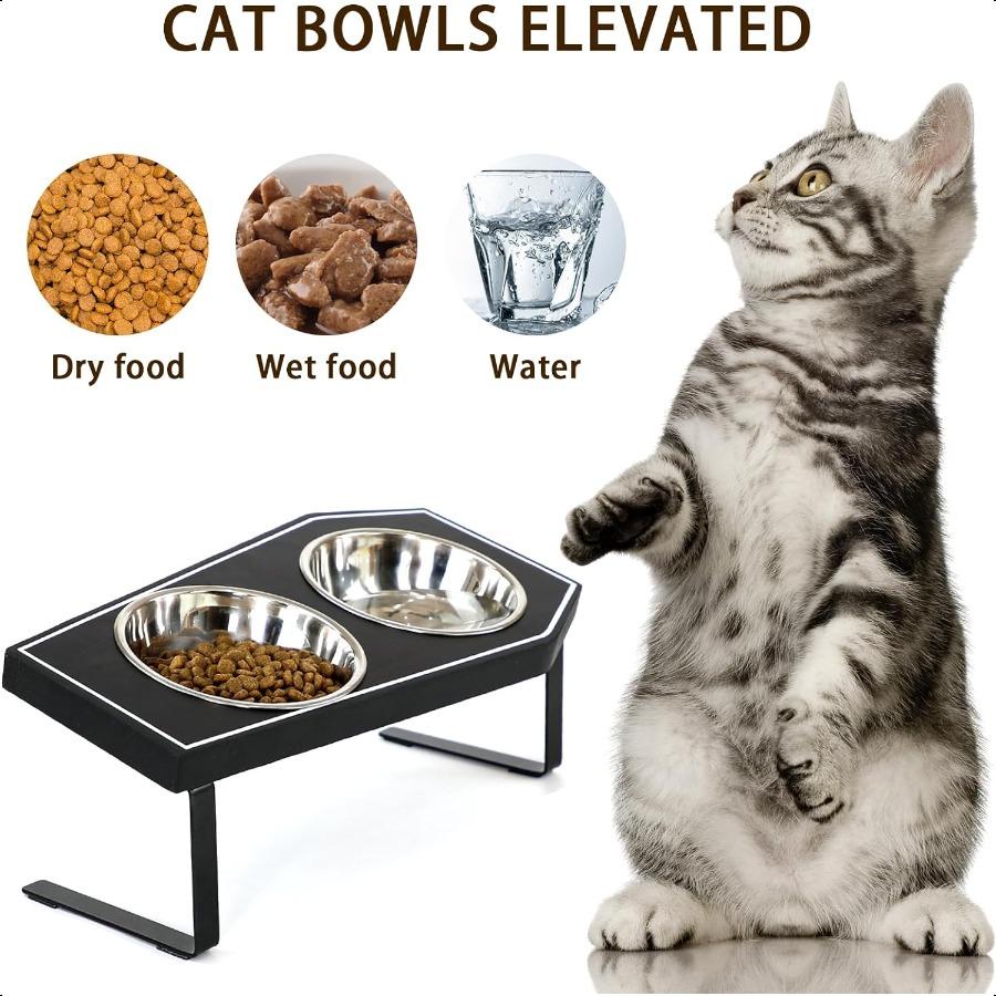 Cat Food Bowls Elevated Gothic Cat Bowls Raised Cat Bowls for Indoor Cats with NonSlip Stand Wood Board Stainl Steel and Whiske