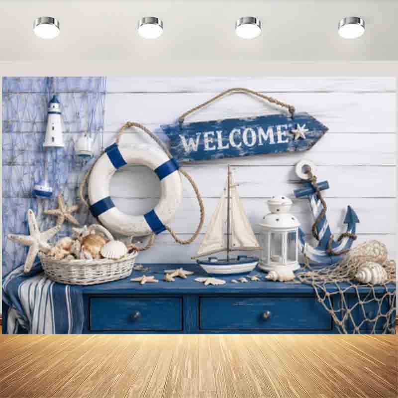 Nautical Coastal Welcome Photography Backdrop Lifebuoy Anchor Lighthouse Seashell Ocean Themed Party Photo Banner