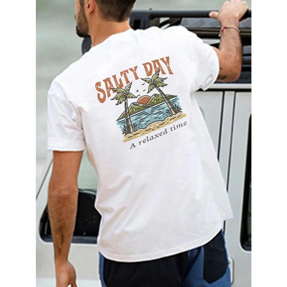 

Salty Day A Relaxed Time Летние футболки для отпуска Мужские свободные мягкие футболки большого размера Летние хлопковые футболки с коротким рукавом из дышащего материала S белый