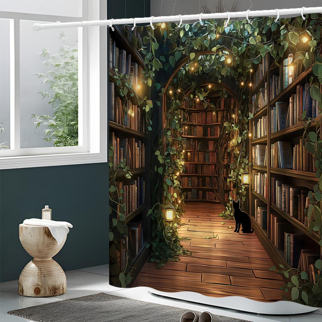 Black Cat Magic Library Shower Curtain - 100% Polyester, Cartoon Pastoral Theme, Greenery, Machine Washable, Grommet Top