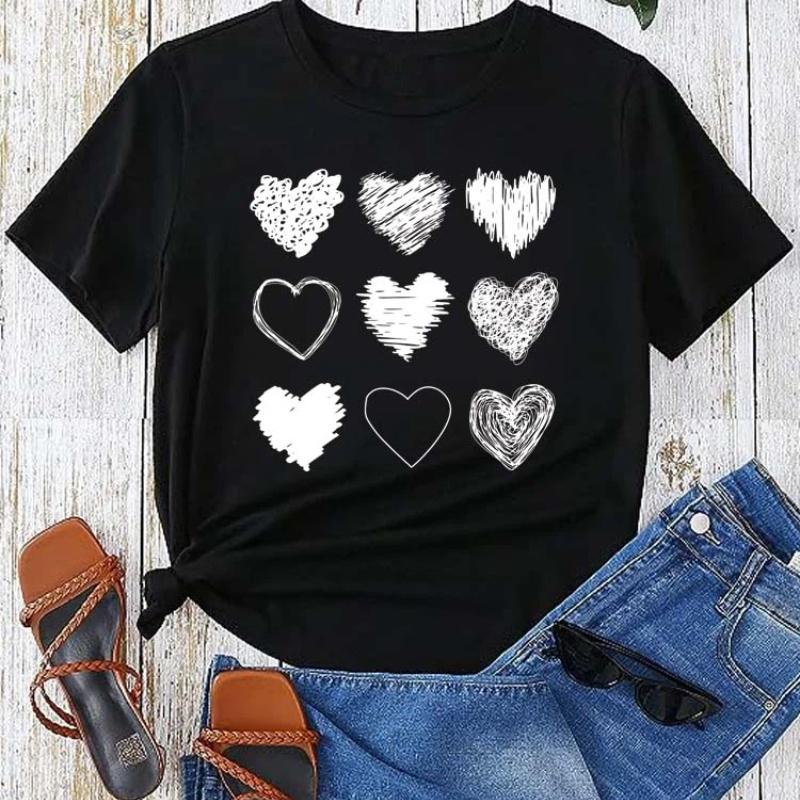 Red Heart Printed Women T-Shirts Fashion Streetwear Short Sleeve Tee Clothing Casual Soft Women Tops Valentine's Day T-shirt