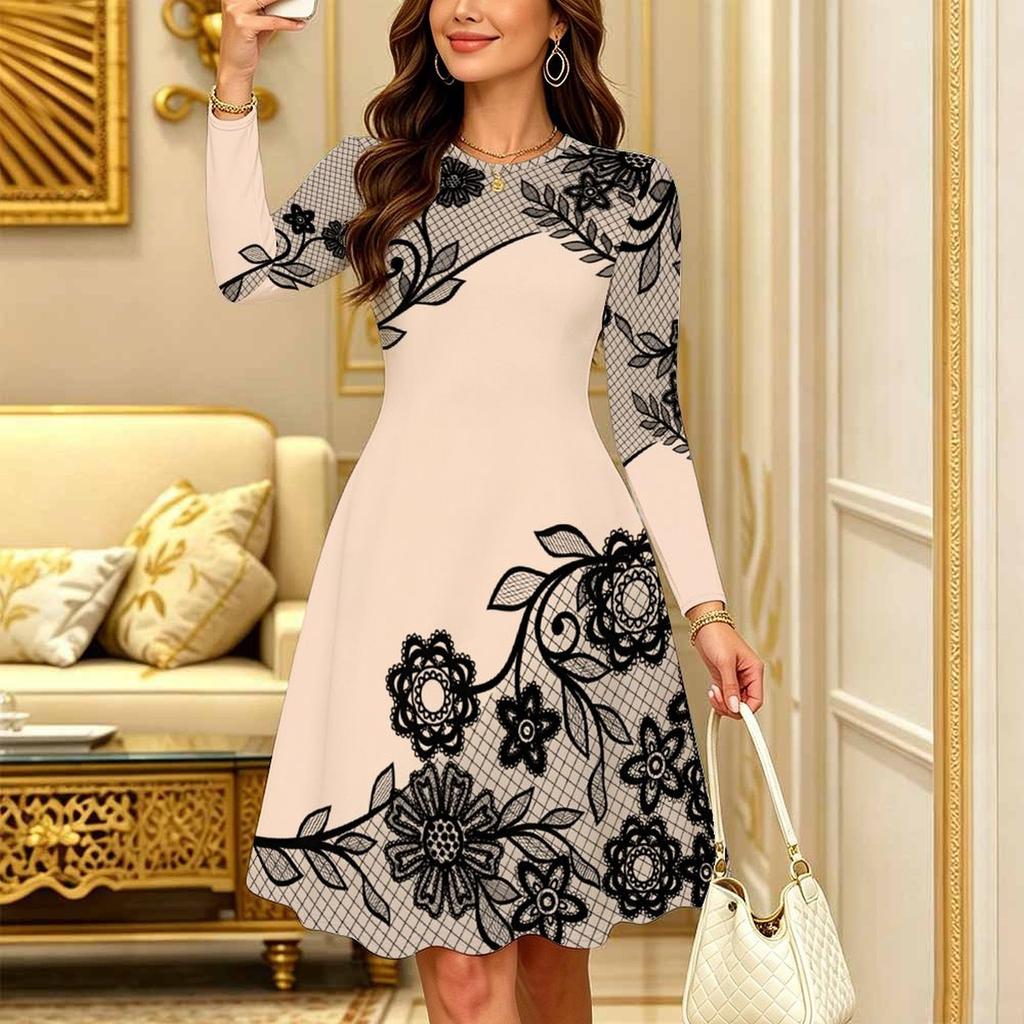 Women Long Sleeve Round Neck Midi Dress Boho Paisley Swirl All Over Print Flared Casual Dress