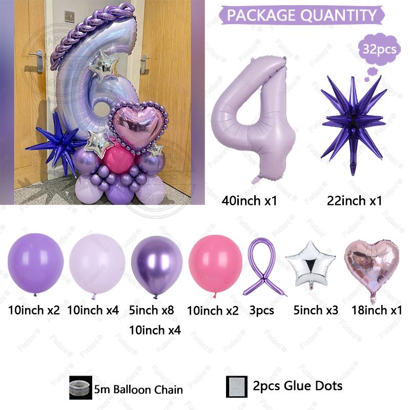 32pcs Purple Explosion Star Love Balloon 40 Inch Number 1-9 Birthday Balloon Set Children's Birthday Party Photography Props