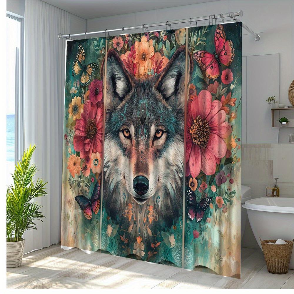 1Pc Vibrant Floral Wolf & Butterfly Shower Curtain - Polyester Fabric Bathroom Decor With 12 Hooks, 70.8X70.8 Inches, Machine