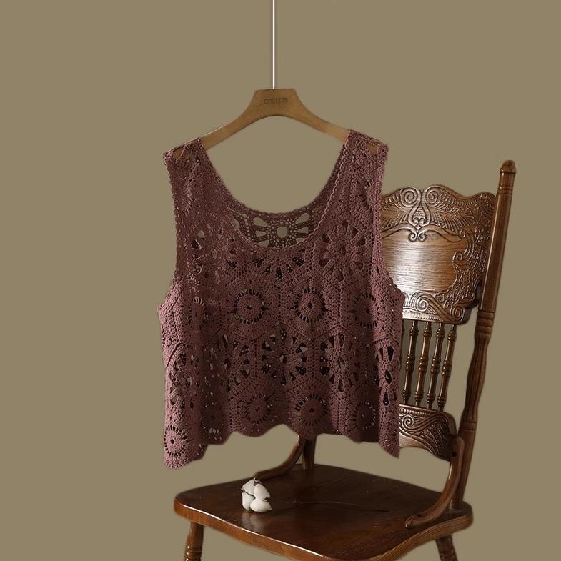 DIMANAF 2025 T-Shirt Women Knitting Lace Vest O-Neck Hollow Summer Style Basic Tops Tees Loose Clothing