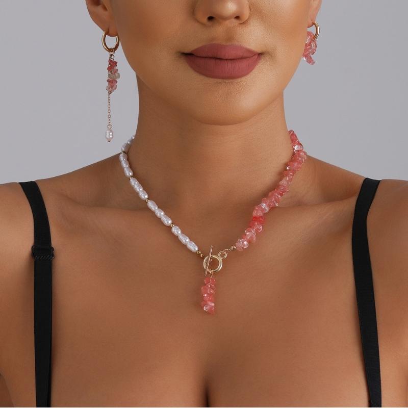 Stylish Pink Crystal Jewelry Collection Simple Design Necklace Earring Set Perfect For Gift Giving