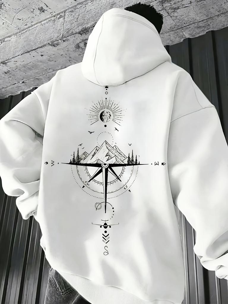 Adventure Compass Mountain Theme Kids Hip Hop Sports Hooded Sweatshirt,nature travel art graphic,comfy loose fit for casual sports outing.