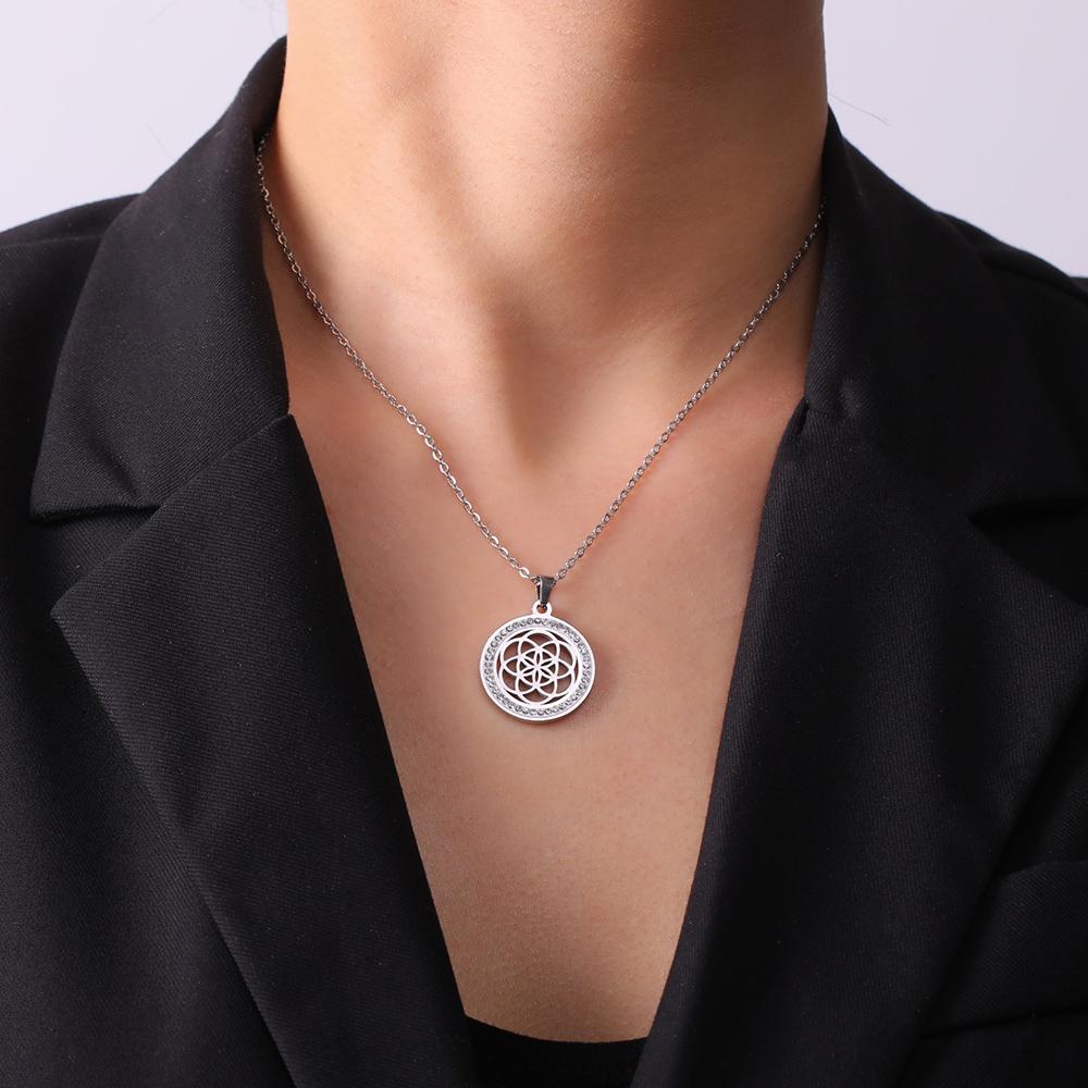 LIKGREAT Flower of Life Round Pendant Necklaces Stainless Steel Fashion Hollow Mandala Chakra Choker Jewelry Gifts for Women Men