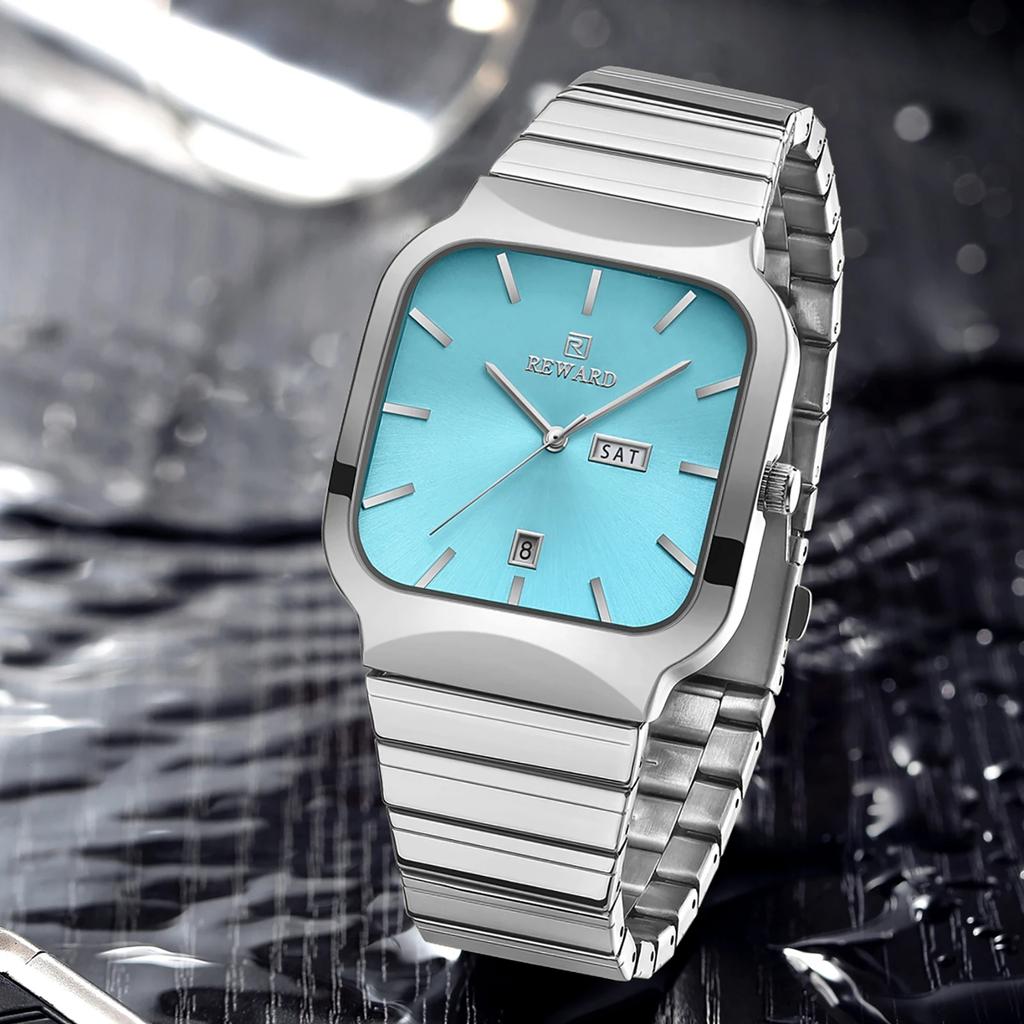 REWARD RD611264M 611264 Beliebte Damen- und Herren-Armbanduhr Liebhaber Quadratisch Komplettkalender Stahlarmband Quarzuhren für Paar