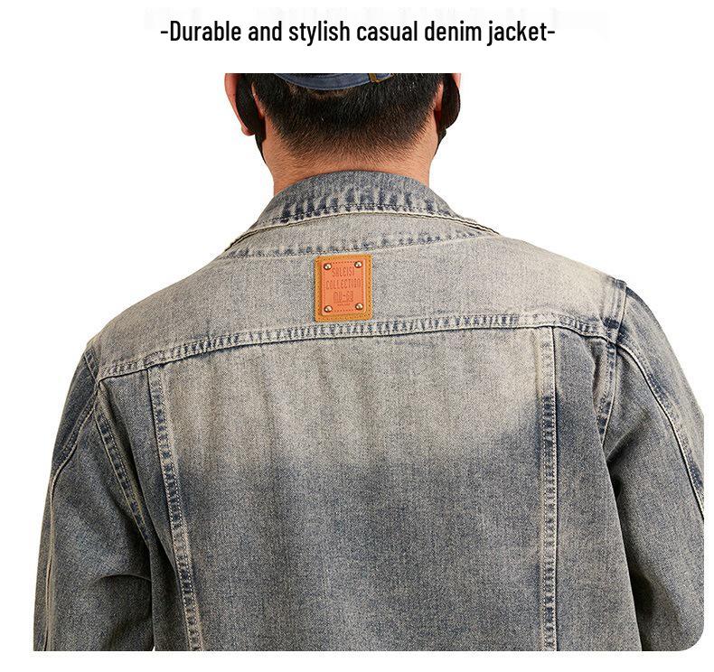 Men's Plus Size Retro Denim Jacket with Turn-Down Collar and Multi-Pockets for Spring