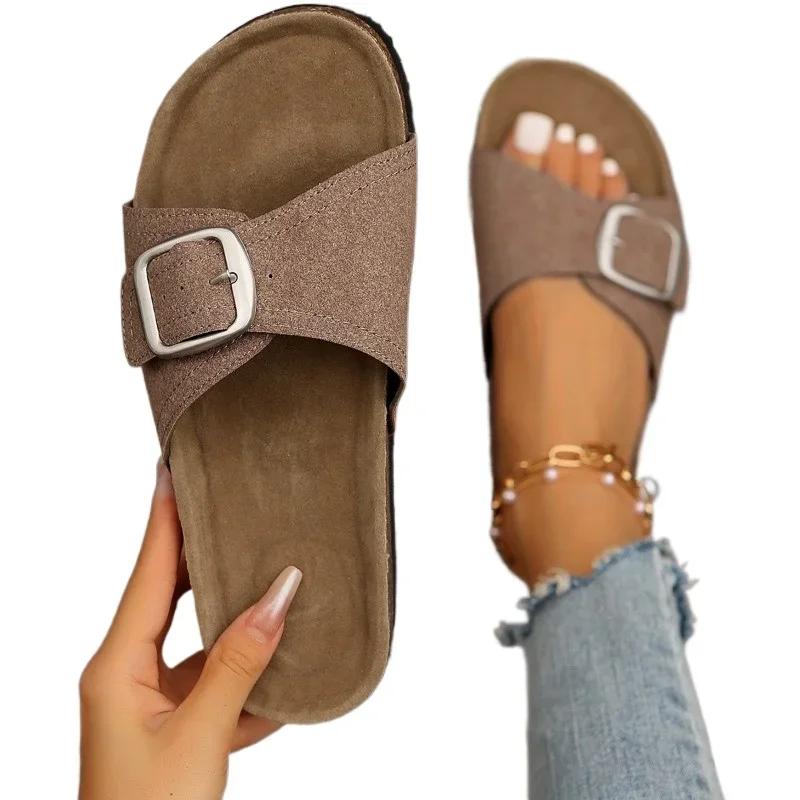 Fashion 2025 Summer Hot Selling Women's Shoes Fashion Solid Color Open Toe Flat Ladies Slippers Solid Color Mid Heel Buckle Beach Shoes