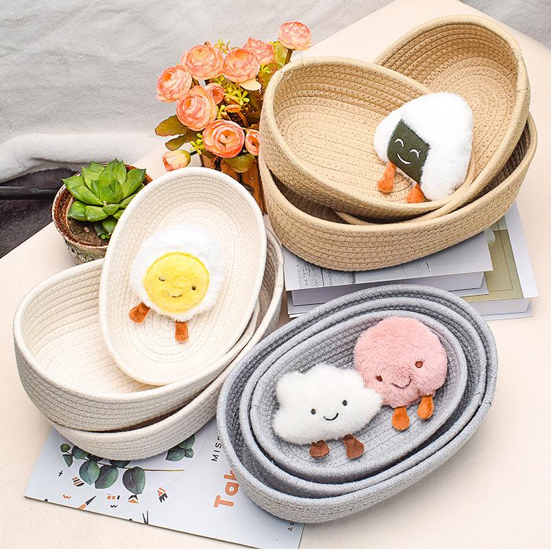Nordic Minimalist Woven Cotton Rope Storage Basket - Round & Oval Options for Desktop, Ornaments, Bedside Storage