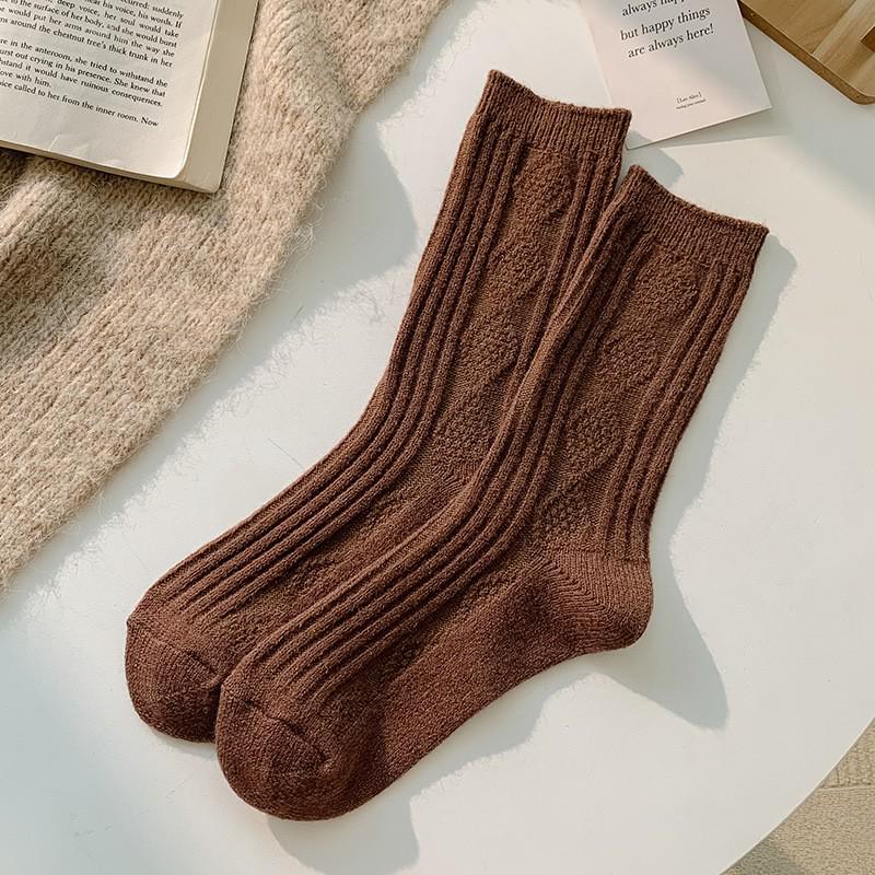 

Женские шерстяные носки в ромбик - Уютные с бархатной подкладкой, Толстые ретро носки до середины икры для осени/зимы, Однотонные в японском стиле One Size