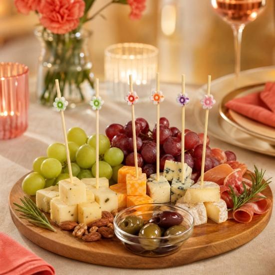 100Pcs Disposable Fruit Picks, Cocktail Picks with Decorative Leaves Flower Tips, Bamboo Skewers for Fruits Cakes Cocktails Snacks