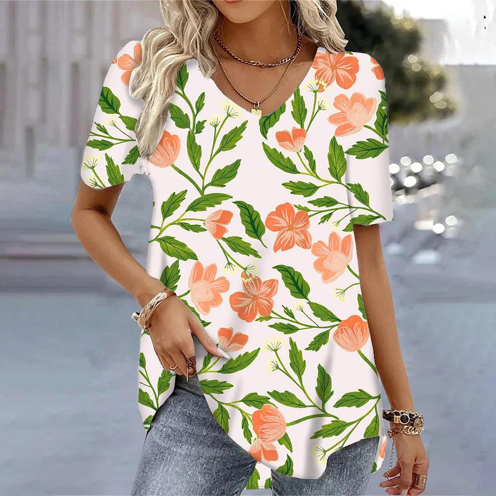

Новая женская футболка 3D с цветочным принтом, V-образным вырезом и коротким рукавом, топы, футболки, уличная одежда, женская футболка оверсайз, модная женская одежда 2024 5XL