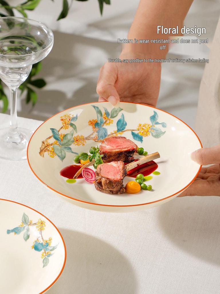 Golden Autumn Osmanthus Ceramic Dinner Plate - Chinese Style Deep Soup and Round Dish 2025 Collection