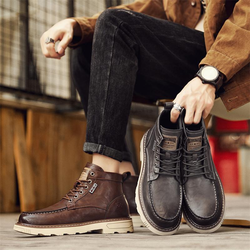 Fashion 2025 Mens Thick Bottom Boots Leather Fashion Non-Slip Motorcycle Ankle Boots British Style Comfortable Versatile Business Shoes