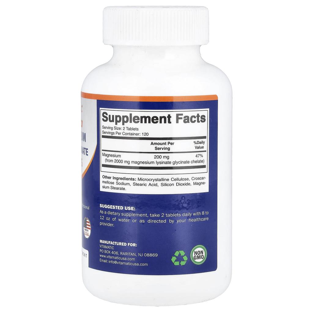 Vitamatic Magnesium Lysine Glycinate, 240 Tablets (1,000 Mg Per Tablet)