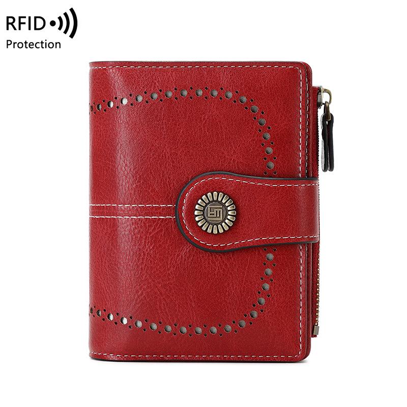 2023 RFID Women's Oil Wax Leather Wallet: Short Card Holder with Coin Purse and Fashion Buckle Zipper.