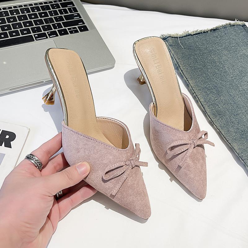 Fashion Pointed Toe Women Mules Slippers Shoes Fashion Butterfly-knot Slip On Slides Design Style Low Heels Banquet Party Sandals Shoes