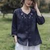 Women Summer Embroidery Linen Blend Blouse