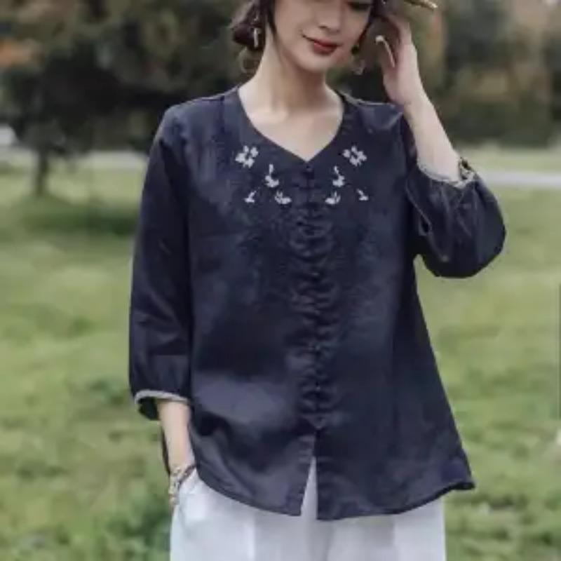 Women Summer Embroidery Linen Blend Blouse