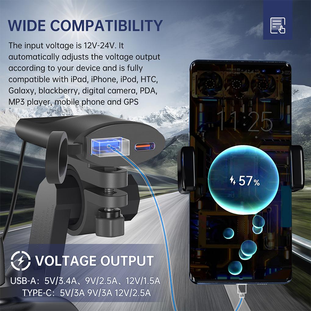 QC3.0 Motorcycle USB Charger USB-C Charger Waterproof Handlebar Mounting Bracket Digital Camera Phone Charger