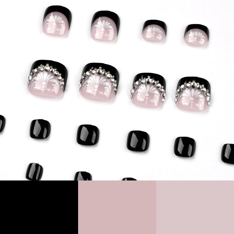 Black French Toenails with White Flower Rhinestones - Nail Art Patches and Finished False Nails