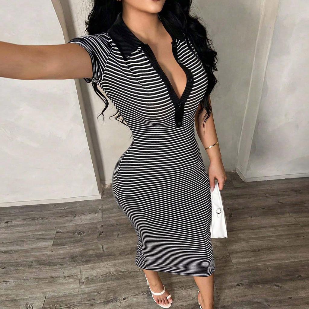 Women's New Polo Collar Striped Slim Fit Bodycon Midi Dress Short Sleeve Casual Stretch Fabric