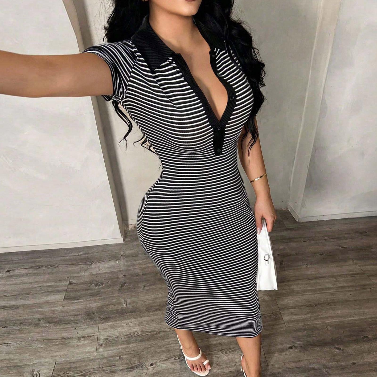 Women s New Polo Collar Striped Slim Fit Bodycon Midi Dress Short Sleeve Casual Stretch Fabric XL чёрный