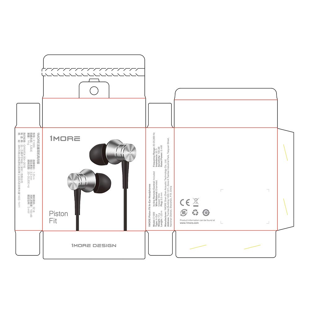 1MORE Wired Piston with Remote Control and 32 Composite E1009 Earphones, Fit, In-Ear Type, Microphone, Hands-Free Calling, Ohm, Diaphragm, (Silver)