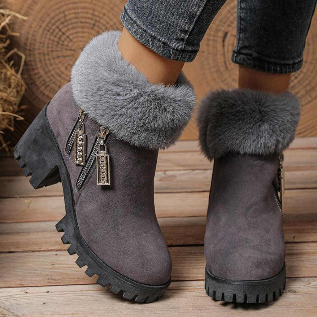 Plush Rolled Up Heel Women's High Heeled Winter Fashion Boots With Side Zipper Short Shaft Chunky Heel Suede Boots for Women