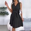 Chic Women's Summer Dress Cross V Neck Sleeveless High Waist Lace Up Solid Color Temperament Spring Fashion