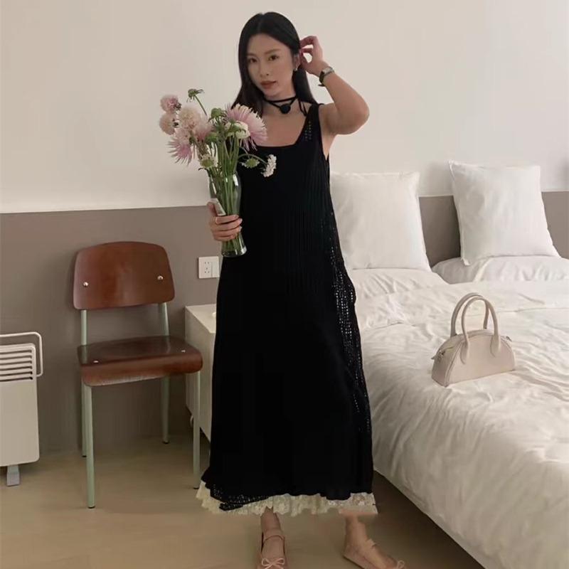 

Women s New Hollowed Out Knitted Vest Dress Loose Summer Seaside Vacation Style Casual A-line Long Dress Elegant Party Sweet Solid Color Clothing One size чёрный