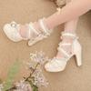 FOREADA Sapatos de Salto Alto Lolita com Tira no Tornozelo para Mulheres Bico Redondo Salto Grosso Alto Fivela Kawaii Laço Renda Moda Feminina Sapatos de Cosplay Primavera Outono