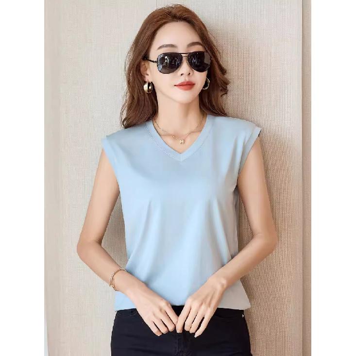 

2024 Лето Новый V-образный вырез без рукавов жилет мерсеризованный хлопковый футболка женская тонкая универсальная простая футболка топ XL серый