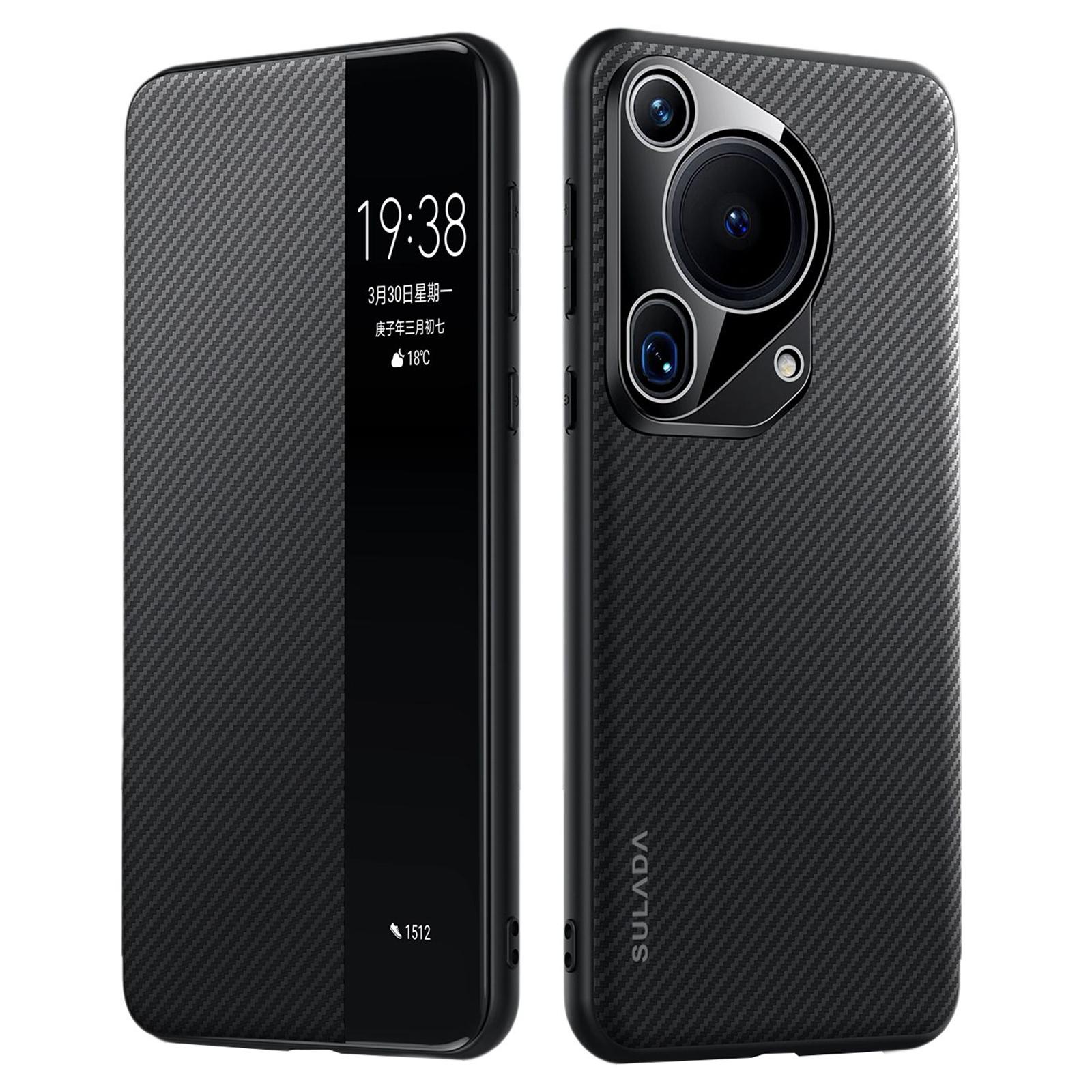 

SULADA Чехол для Huawei Pura 70 Ultra Кожаный чехол с текстурой углеродного волокна Автоматический сон/пробуждение Black