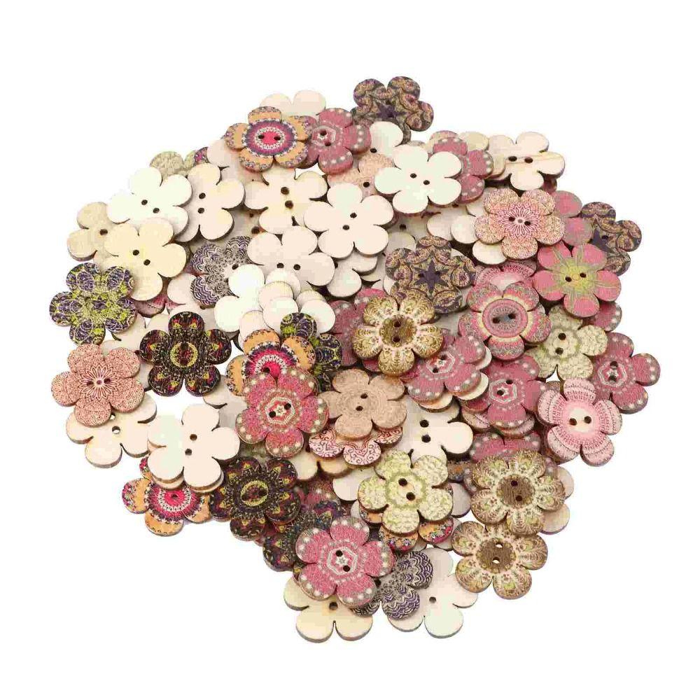 100PCS Flat-back Clothing Button Bohemian Style Sewing Button Flower Wooden Buttons  Clothing Sewing