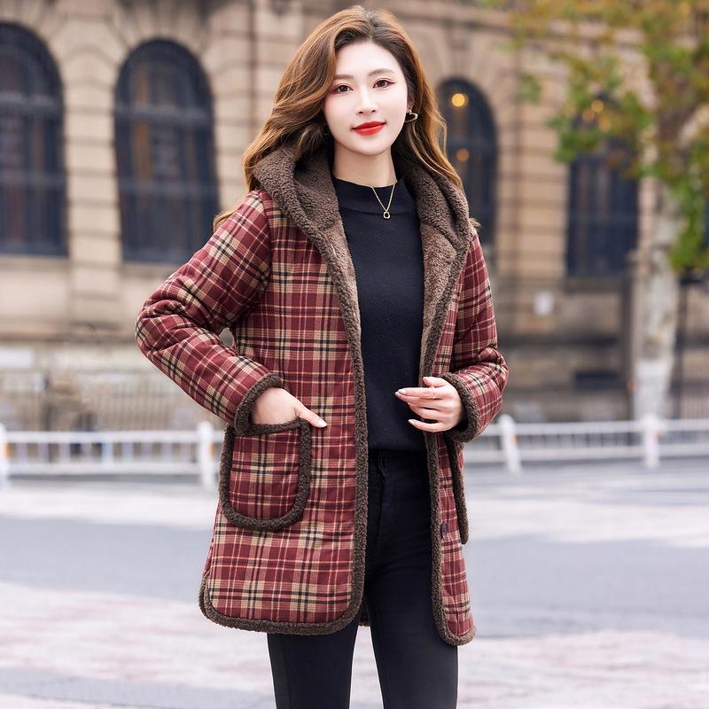 

Mom s Winter Velvet-Lined Plaid Jacket - Warm, Cotton Padded, Plus Size for Middle-Aged & Elderly Women 2XL