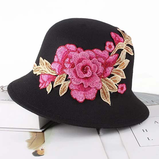 

WTEMPO модные шляпы-котелки с большим цветком, трехмерная вышивка, шляпы-котелки в этническом стиле, повседневные однотонные танцевальные шляпы One Size чёрный