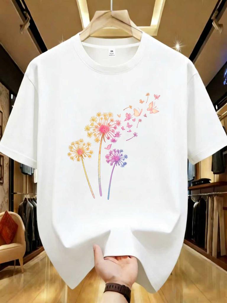 Wzm1041117dandelion Print Plus Size Unisexs Round Neck Summer Casual Short Sleeved Street Fashion Versatile Tshirt