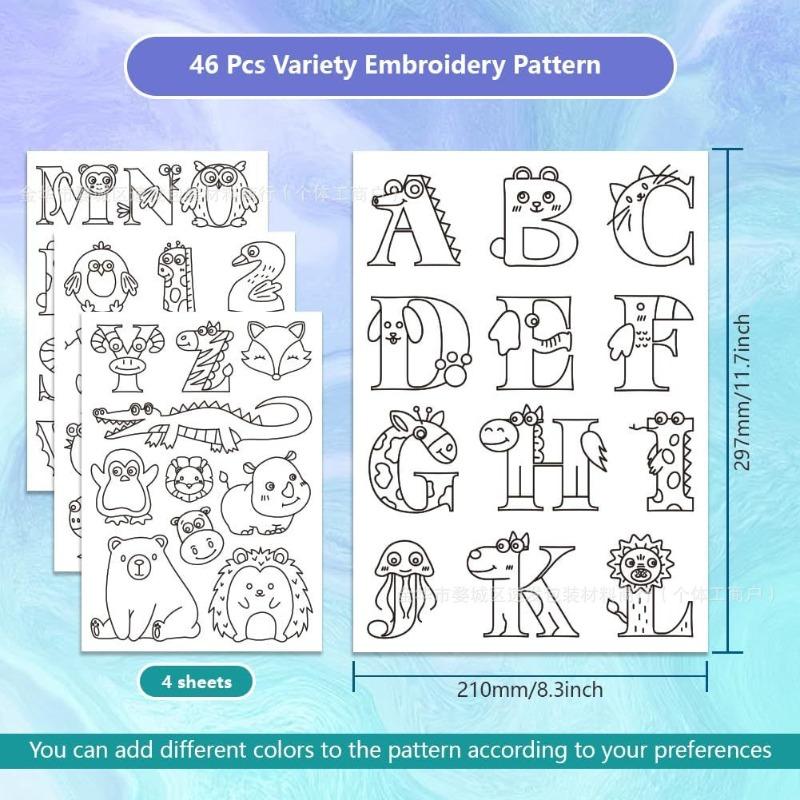 4 Sheets Water Soluble Embroidery Stabilizers,Animal and Plant Alphabet Patterns Paper Hand Sewing Stabilizers for Beginners